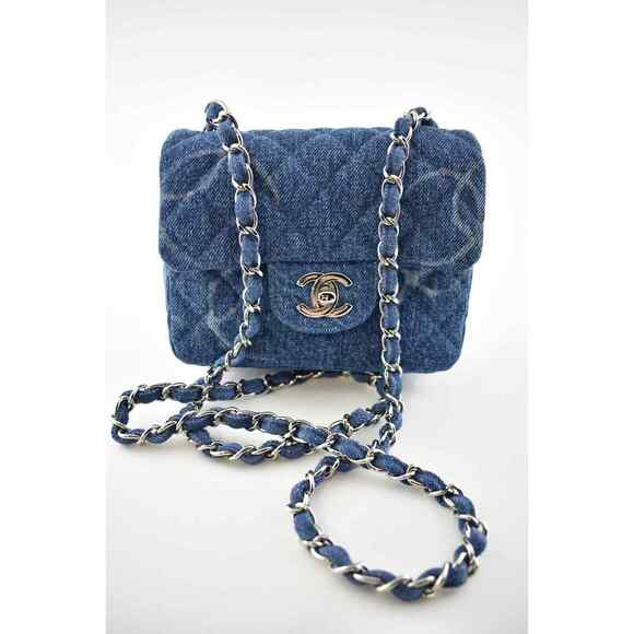 Chanel 20B Blue Denim Mini Square CC Logo Quilted Silver Chain Crossbody Bag - Picture 2 of 12